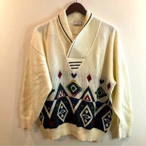 SAN DINO  Sz XL Wool Blend Aztec Pattern Turned Collar Made in Italy Sweater